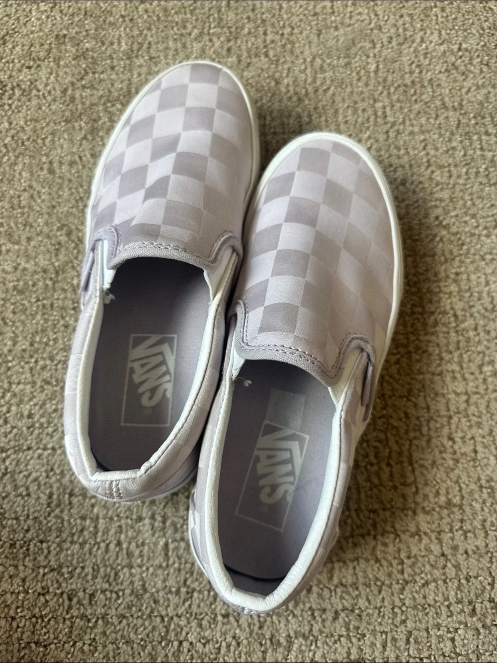 Van’s classic slip on stackform sneakers in pastel satin lilac Checkerboard